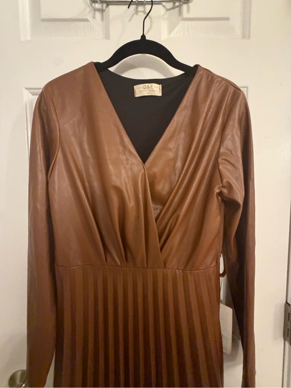 NWT D&F Faux Leather Pleated Maxi Dress Brown Long Sleeve Wrap Dress - Picture 5 of 10